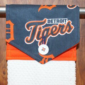 DETROIT TIGERS HAND TOWEL BLUE, ORANGE & WHITE HANDMADE HANGING KITCHEN COTTON